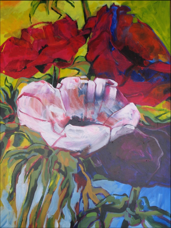 Anemonen met rokjes aan, acryl op doek, 90 x 120 cm    
