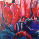 Tulpen in roze en paars, acryl op doek, 100 x 120 cm. Adrienne van Wartum