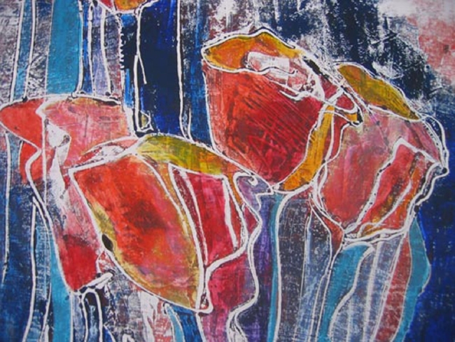 Gekleurde tulpen, monotype-krijt op papier, 60 x 60 cm -verkocht- Adrienne van Wartum