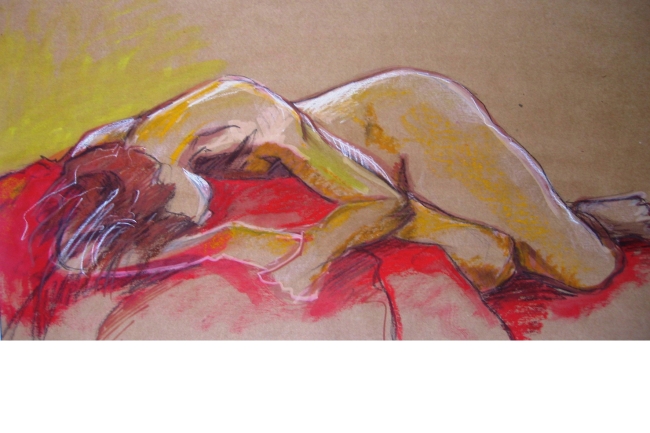 Liggend naakt op rood, gemengde techn. op pakpapier, 70 x 50 cm               Adrienne van Wartum